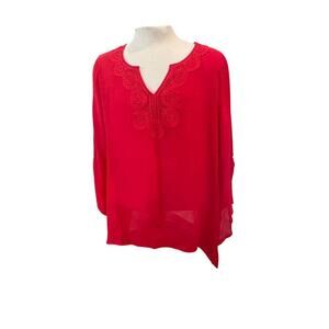 COUNTERPARTS NWTB RED EMBROIDERED V NECK BLOUSE WOMENS PLUS SIZE 2X